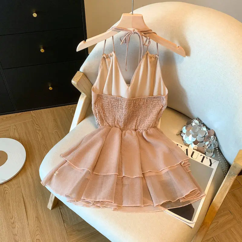 Voguable  Sweet Hanging Neck Diamond Tops For Women Sexy Sleeveless Camisole Shirt Fashion Ruffles Pullovers Blouse voguable