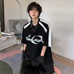 Voguable Letter Printed Splicing Design Fashion Handsome Short Sleeved T-shirts Summer New Trendy Korean Men's Street Tops voguable