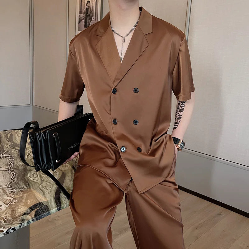 Voguable Summer Sets Men Fashion Double Breasted Short Sleeve Shirt/Trousers Two Piece Set Men Korean Loose Ice Silk Sets Mens Formal Set voguable