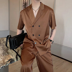 Voguable Summer Sets Men Fashion Double Breasted Short Sleeve Shirt/Trousers Two Piece Set Men Korean Loose Ice Silk Sets Mens Formal Set voguable
