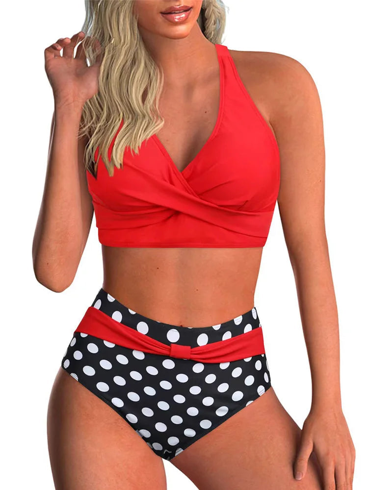 Voguable  Sexy Lace Up V Neck Bikinis Women Split Swimsuit High Waist Beach Bikini New All Season Backless Bikinis 2 Piece Set voguable