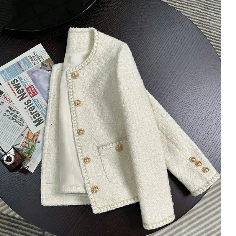 Chic White Tweed Jackets Women Korean Long Sleeve Sweet Coat Fashion O Neck Elegant Casual Female All Match Outwear Tops voguable