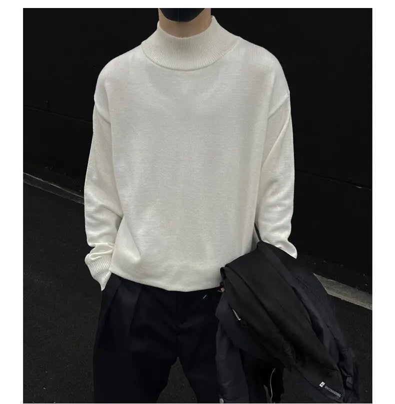Men's Light Luxury Knit Mock Neck Sweater Autumn Winter Fashion Korean Long Sleeve Streetwear Leisure All-match Knitwear voguable