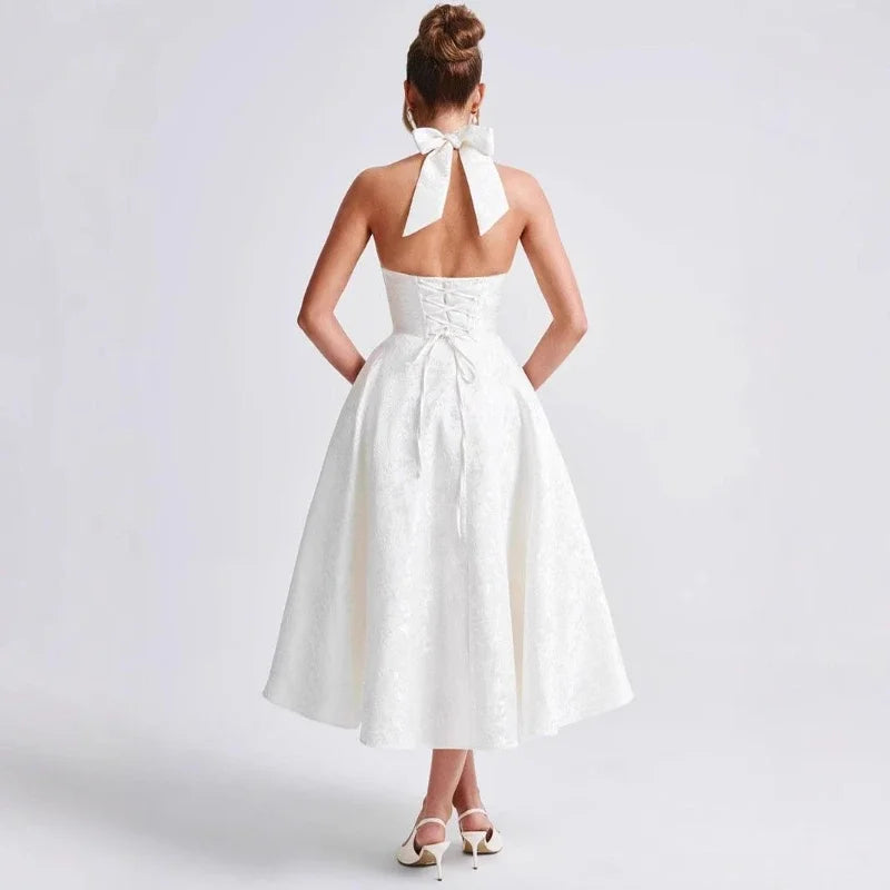 Elegant Sexy Evening Party Dresses Women Korean Style Halter V-neck Dress Sweet Backless Yellow Summer Solid Midi Dress voguable