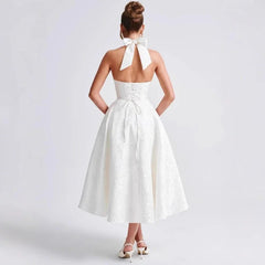 Elegant Sexy Evening Party Dresses Women Korean Style Halter V-neck Dress Sweet Backless Yellow Summer Solid Midi Dress voguable