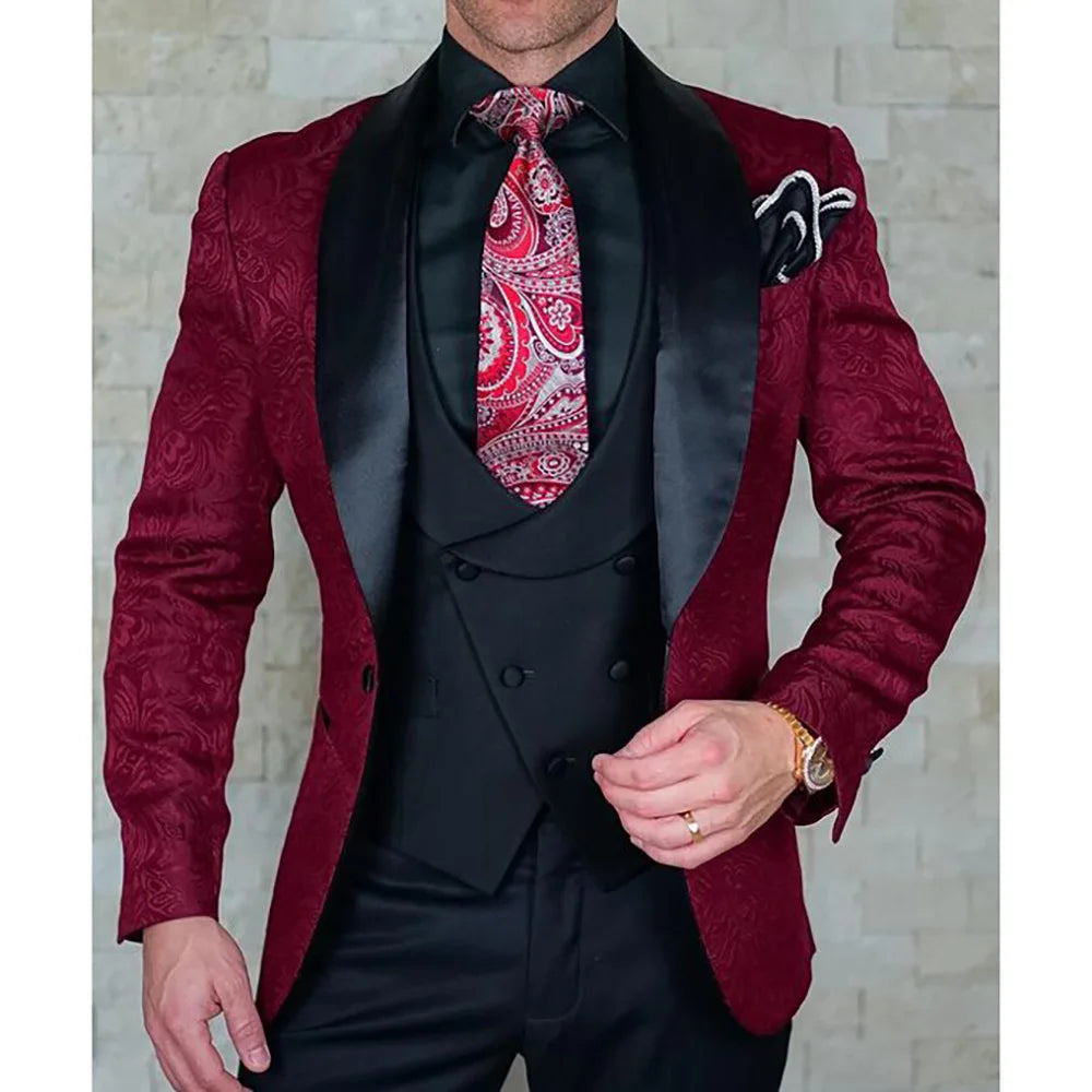 Tailor-Made Burgundy Wedding Men Suits Slim Fit Tuxedo 3 Pieces Suits Groom Prom Jacquard Blazer Terno Masculino Suits voguable