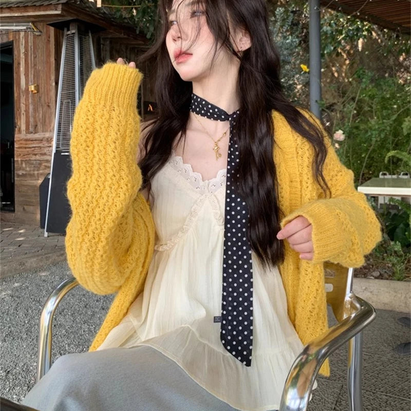 Open Knit Cardigan for Women Long Sleeve V-neck Button Up Sweater Jacket Autumn Winter Ladies Slouchy Casual Outfit voguable