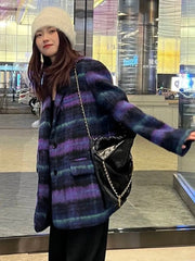 Loose Purple Plaid Casual Big Size Woolen Coat Parkas New Lapel Long Sleeve Women Fashion Tide Autumn Winter voguable