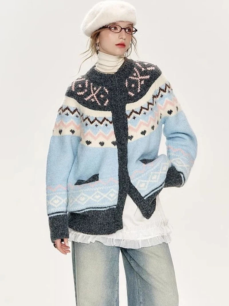 American Retro Print Cardigan Women Loose Lazy Wind Harajuku Knitted Sweater Casual Fall Winter Vintage O Neck Female Y2K Tops voguable