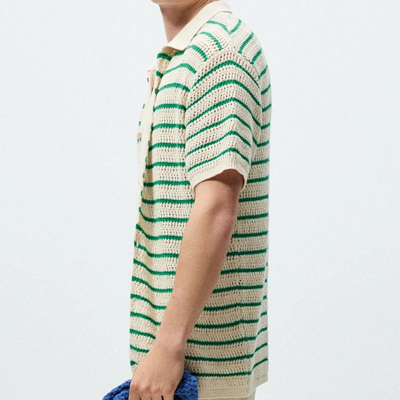 Men's Polo Shirt Light Luxury Knitted Clothing Popular Vintage Striped Short Sleeve Fashion Leisure Hollow Out Knitwear M-3XL voguable