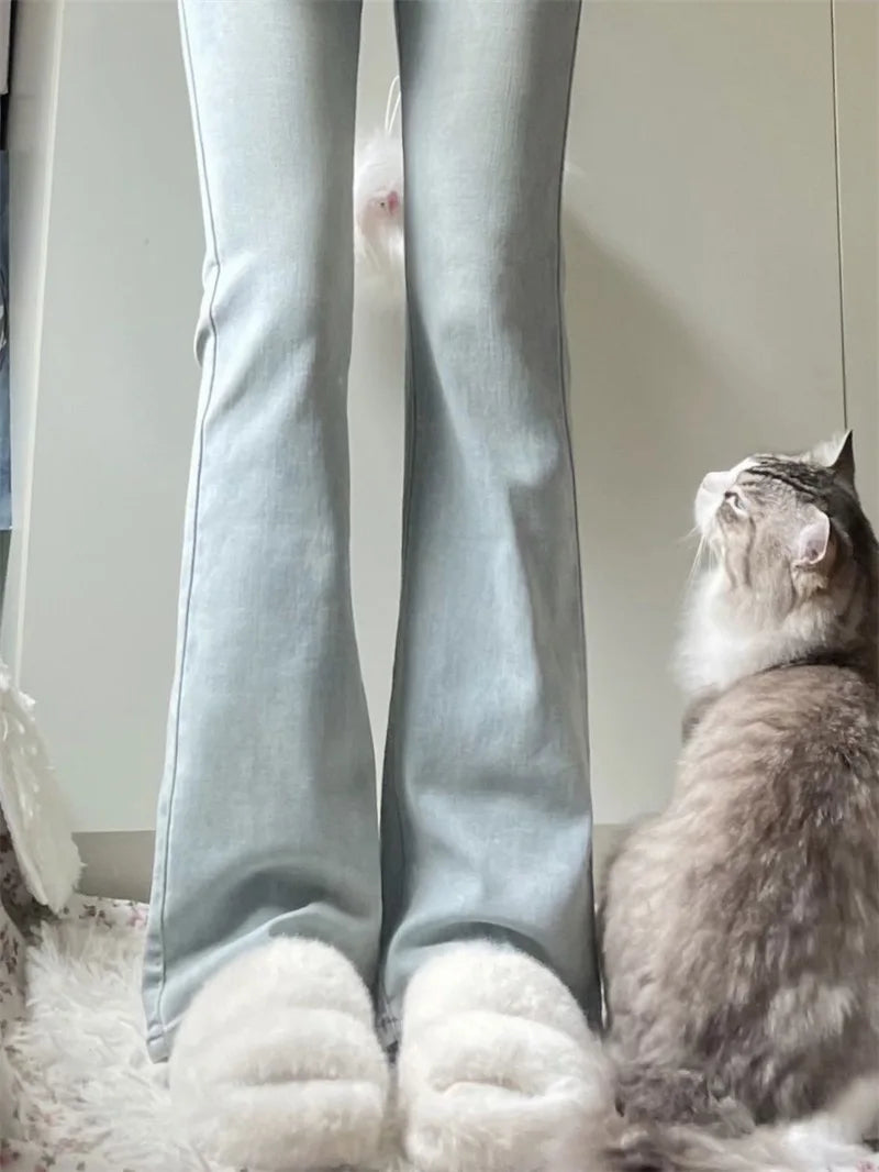 Voguable Irregular Light Blue Autumn Women's Jeans Fashion Office Lady High Waist Slim Tight Hip Zipper Simple Female Flare Pants voguable