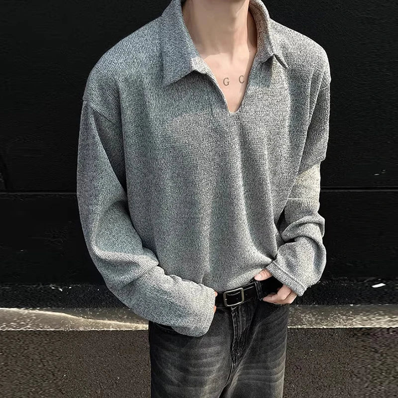 New American Retro Men Polo Shirt Luxury Knitted Solid Color V Neck Long Sleeve T-shirt Casual Premium Quality Textured Knitwear voguable