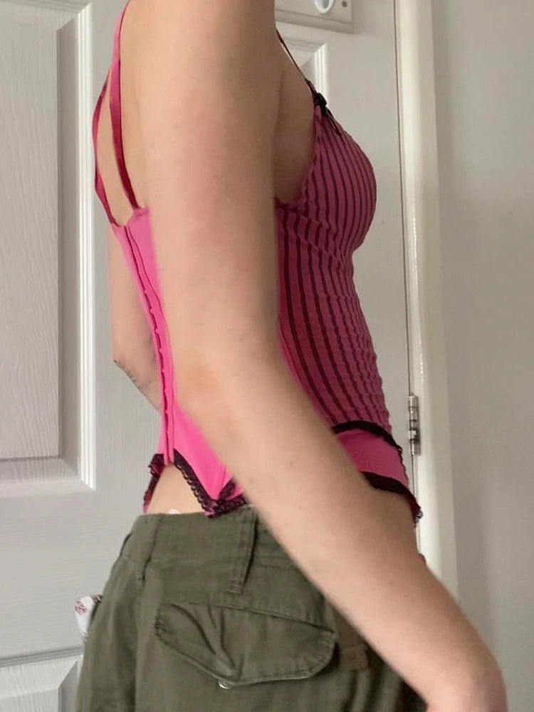 Sweet Bow Stitched Pink Crop Top Vintage y2k Patchwork Sleeveless Striped Print Tees Women Casual Basic Camisole Kawaii voguable