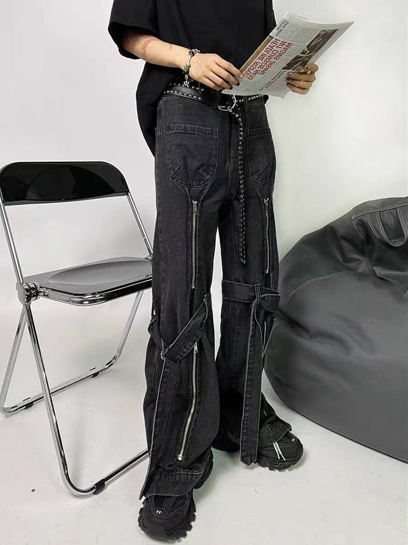ReddaChic Acubi Fashion Pants Black Women Baggy Jeans with Zipper Slit 2-Strip Cyberpunk Y2k Grunge Goth Trousers Emo Streetwear voguable