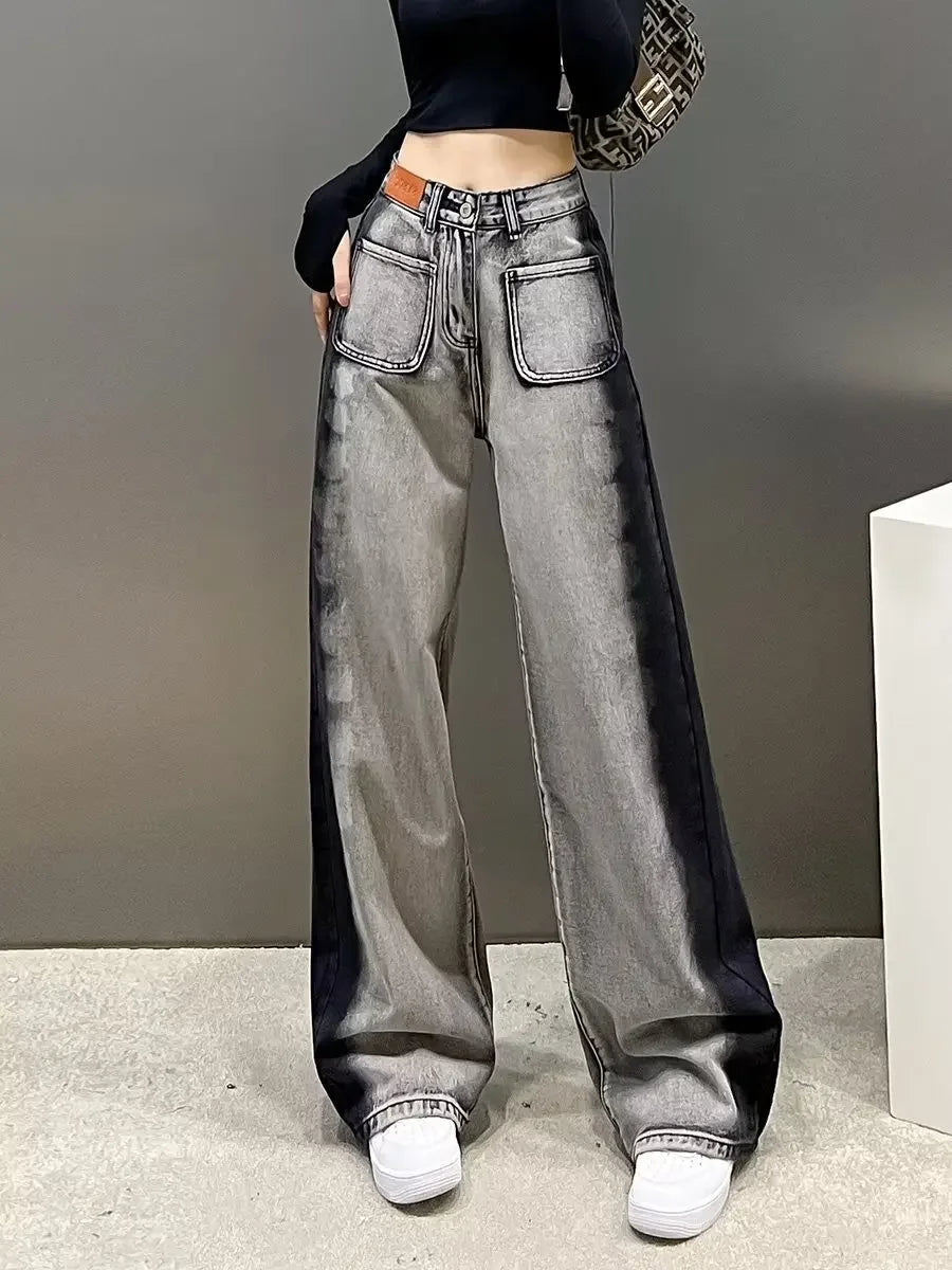 Black High-waisted Straight-leg Wide-leg Jeans Women's Trendy Slimming New Arrival Spring Summer Design Sensibility Grey voguable