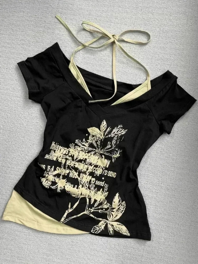 Voguable  Summer Fake Two Pieces Vintage T-shirts Halter Bandage Y2k Aesthetic Slim Crop Grunge Print Tops Women Harajuku Casual Sexy Tee voguable