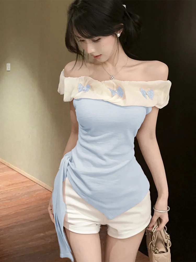 Sexy Off Shoulder Slim T Shirt Women Elegant Fashion Slash Neck Sweet Tees Korean Lace Up Design Irregular Butterfly Tops voguable