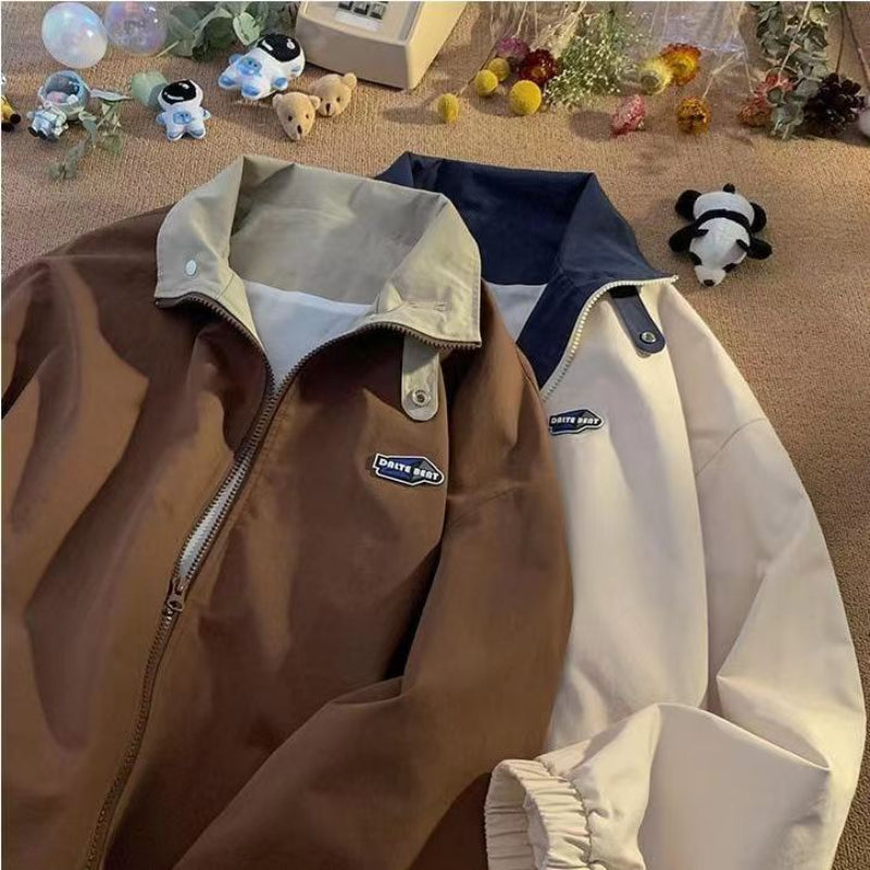 Vintage Brown Letter Jacket American Workwear Preppy Varsity Coat Women's Spring Autumn Hoodless Zipper Bomber Jacket voguable