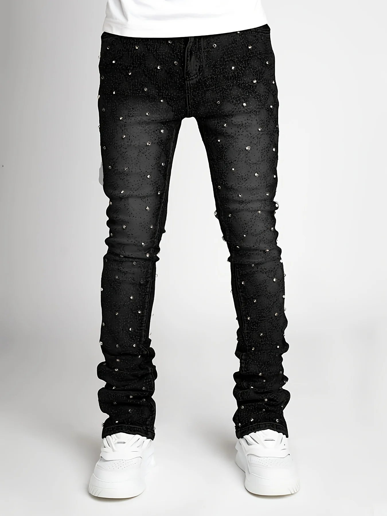 Voguable  Men's denim fashion personality straight leg men's pants European and American fashion Instagram hot item elastic pearl denim la voguable