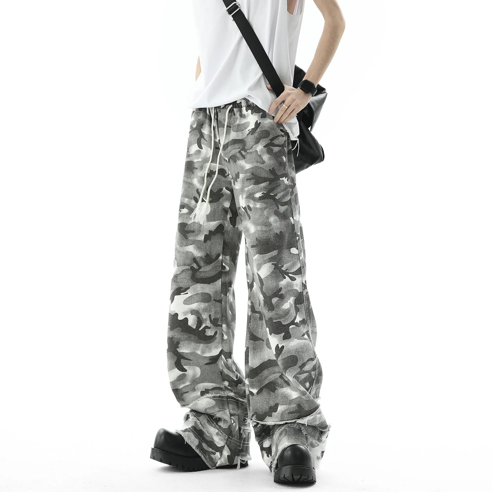 Men Camouflage Loose Fit Jeans Elastic Drawstring Waist Frayed Hem Streetwear Trendy Comfortable Stylish Denim Urban Fashion voguable