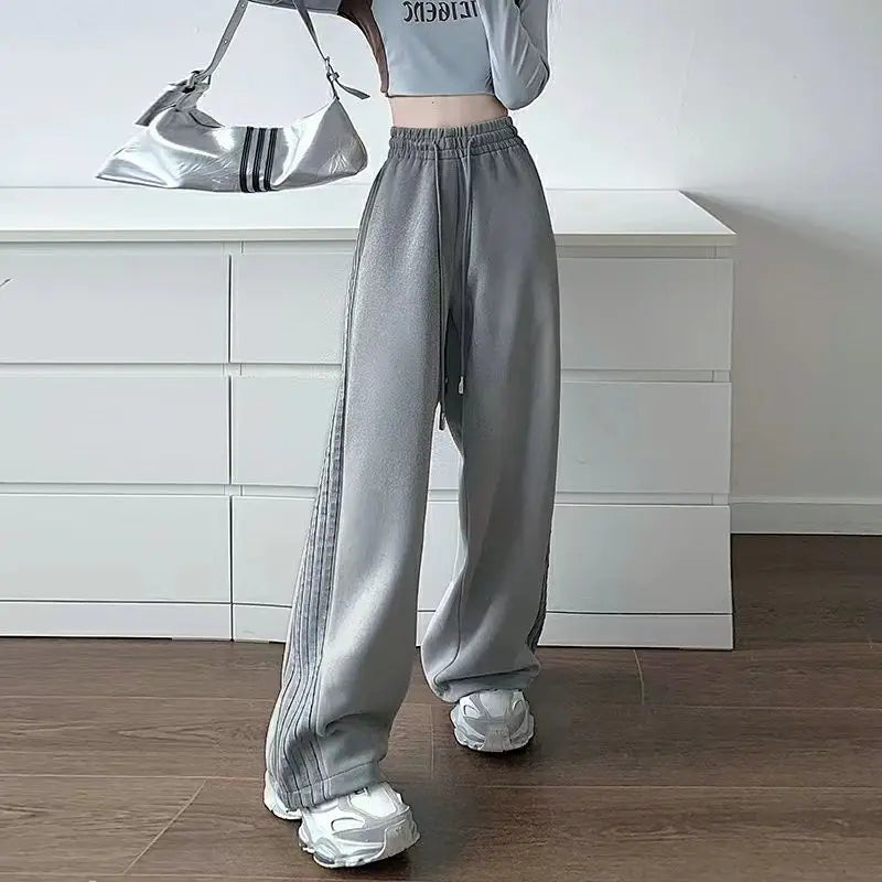 American Style Pink Striped Sports Women Spring Autumn Casual Thicken Sweatpants Loose Straight Elastic Waist Wide Leg Trousers voguable