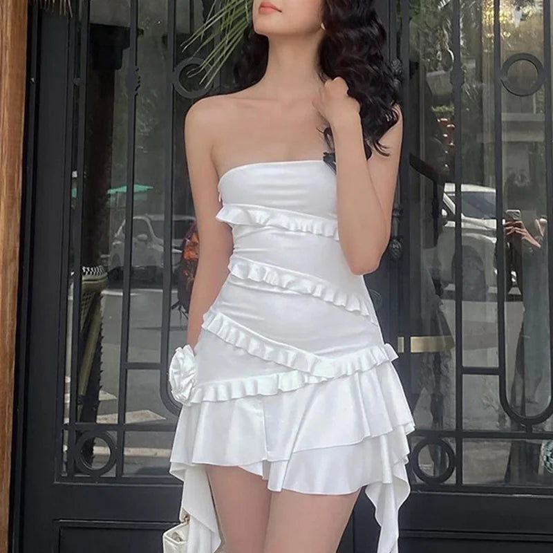 Tube Dress for Women y2k Clothes Summer Off Shoulder Strapless Sleeveless Ruffle Hem Mini Dress Evening Party Dresses voguable