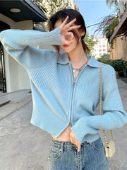 Voguable  Sweet Cute Solid Zipper Pullovers Women Fashion Leisure All-match Retro Simple Vintage Loose Female Zipper Knitwear Top voguable