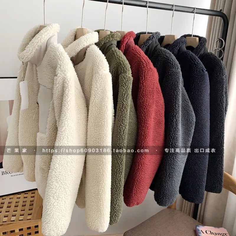 Autumn Winter Lambswool Coat Male Loose Windproof Warm Sherpa Stand Collar Polar Fleece Jacket Unisex Simple  Pocket Spliced Top voguable