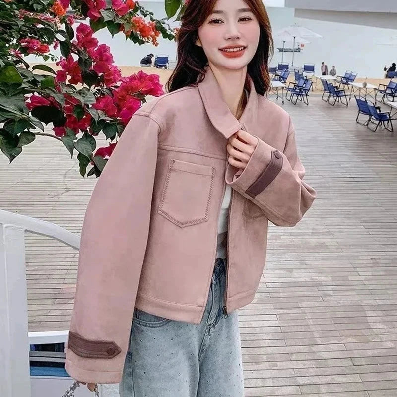 Pink Y2K Faux Suede Jacket Women Vintage Streetwear Long Sleeve Loose Coat Korean Casual Harajuku Fall Winter Outwear Tops voguable