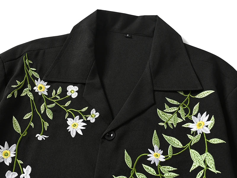 Dark Icon Embroidery Cool Material Men's Shirt Short Sleeve Hawaii Beach Shirts Black Beige voguable
