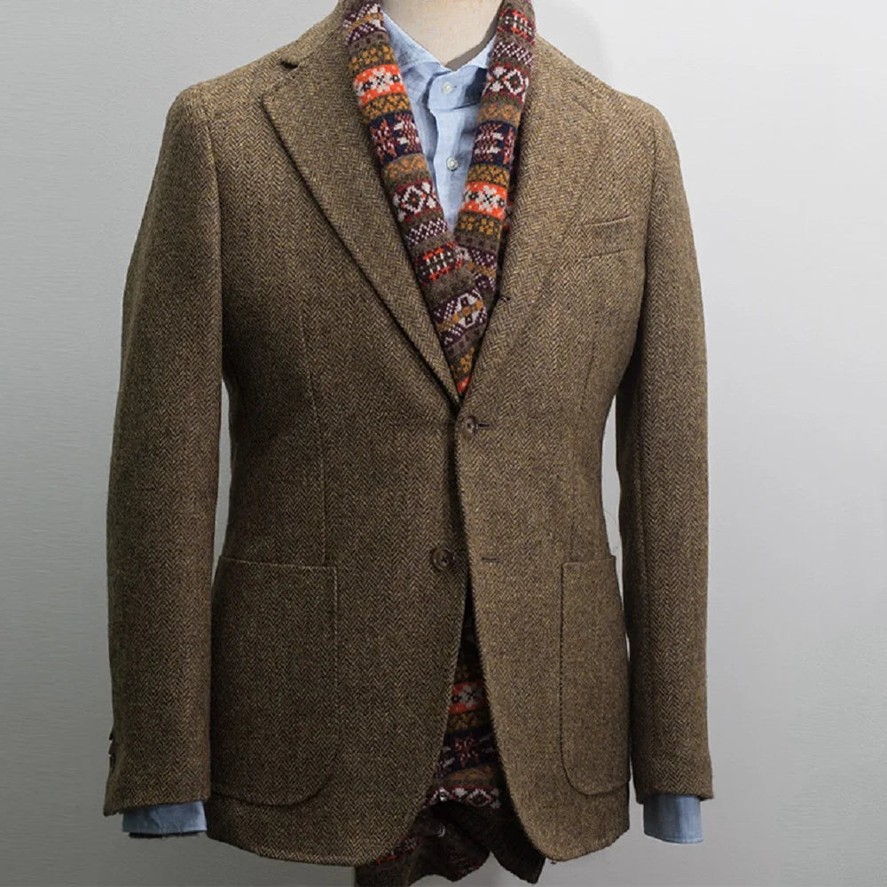 Men's Suit Brown Blazer Prom Tuxedos Herringbone Wool Tweed Single Breasted Formal Bussiness Jacket for Wedding（Only Coat） voguable
