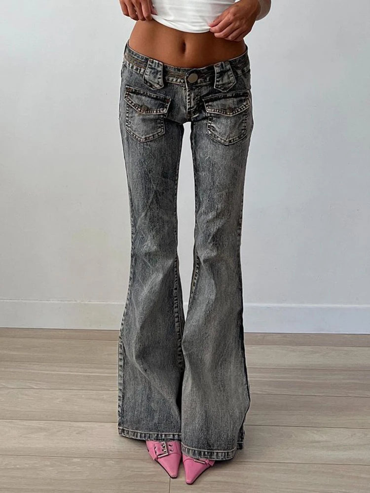 Voguable Vintage Washed Flare Jeans Pants Low Waist Women Streetwear Y2K Slim Fit Boot Cut Pants Grunge Denim Trousers pantalone voguable