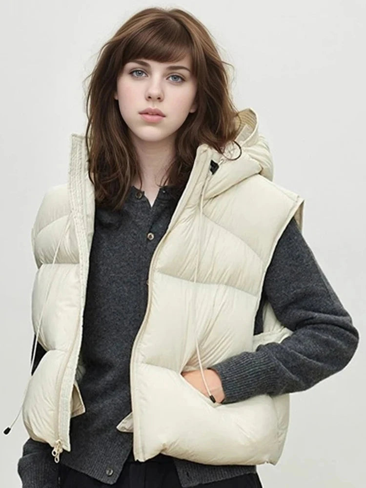 Vintage Y2K Puffy Vest Women Loose Sleeveless Warm Winter Cotton Vest Streetwear Casual Retro American Solid Hooded Vest voguable