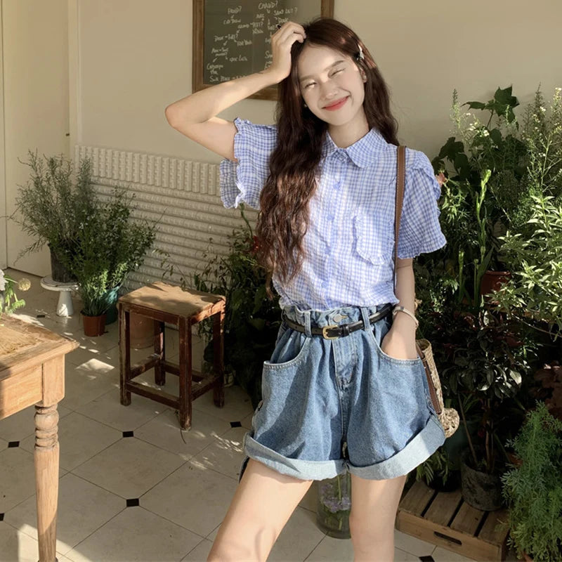 Korean Ruffles Short Sleeve Plaid Shirt Women Preppy Sweet Turn Down Collar Blouse female Summer chic Pocket Button blouse voguable