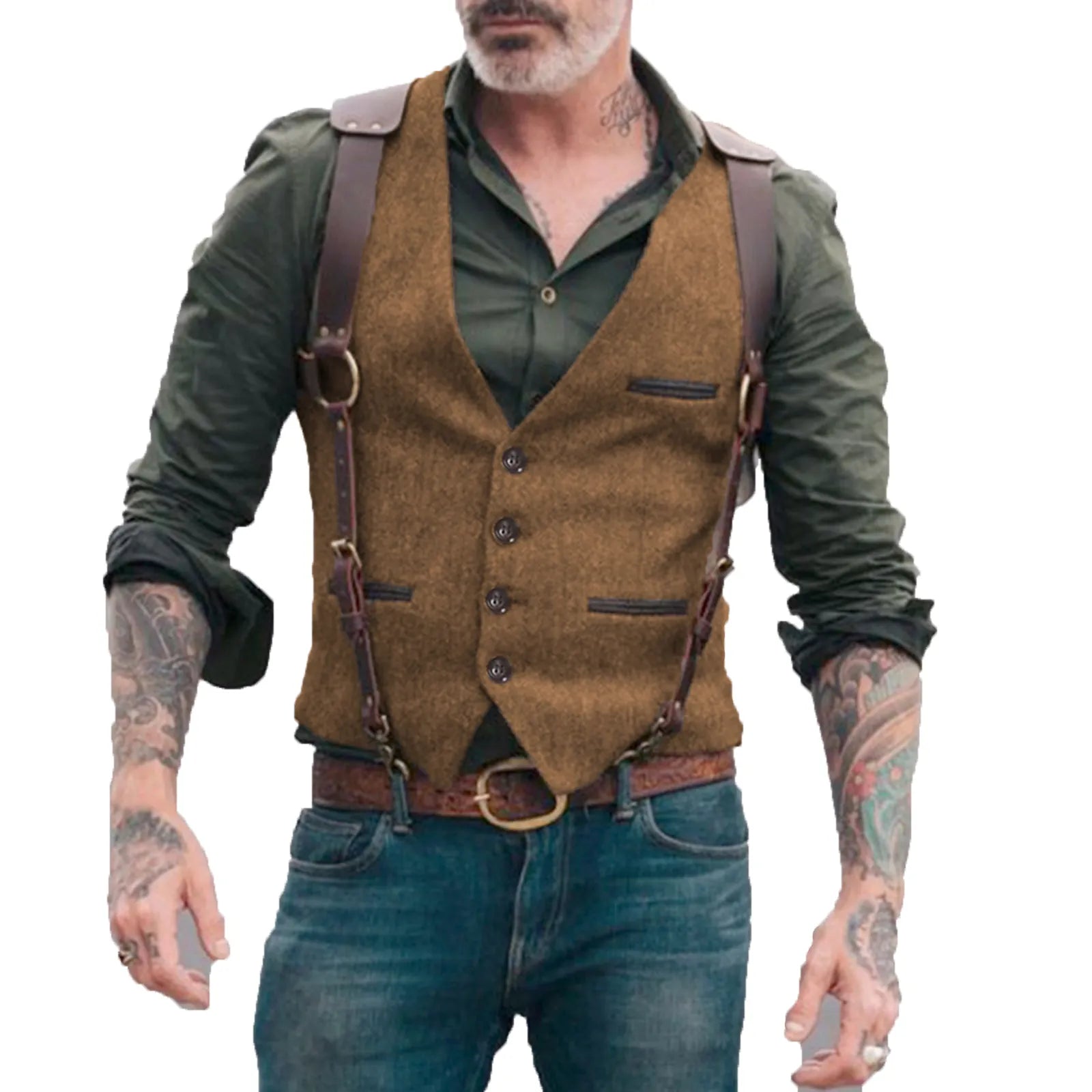 Men's Vests Men Brown Waistcoat Vest Man Steampunk Jacket Striped Tweed V-neck Slim Fit Gilet Wedding Clothing voguable