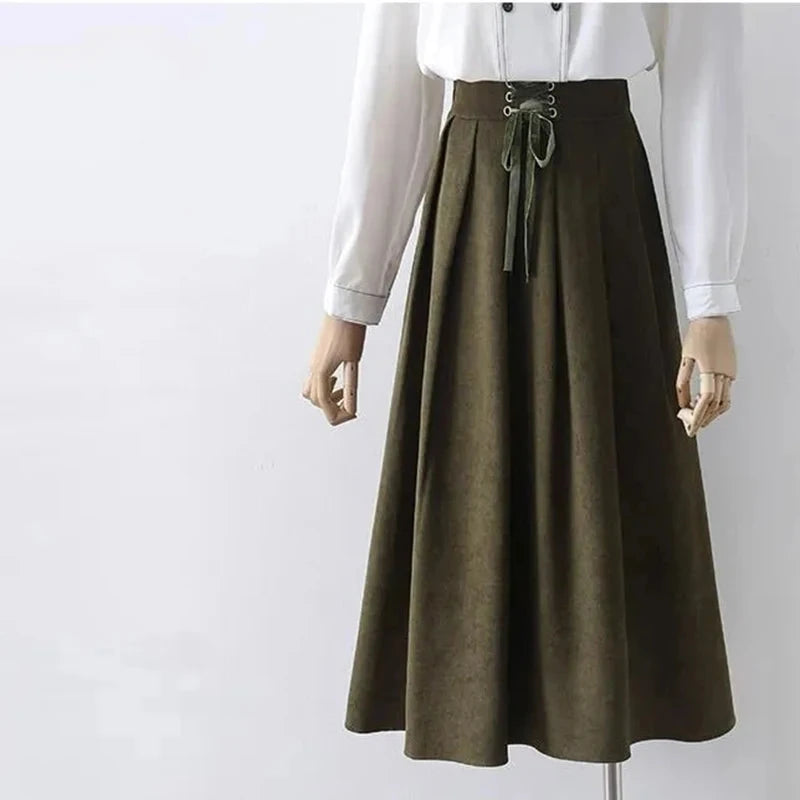 Preppy Style Vintage Long Skirts Women High Waist Sweet Loose A Line Skirt Lace Up Retro Fall Winter Female Elegant Long Skirts voguable
