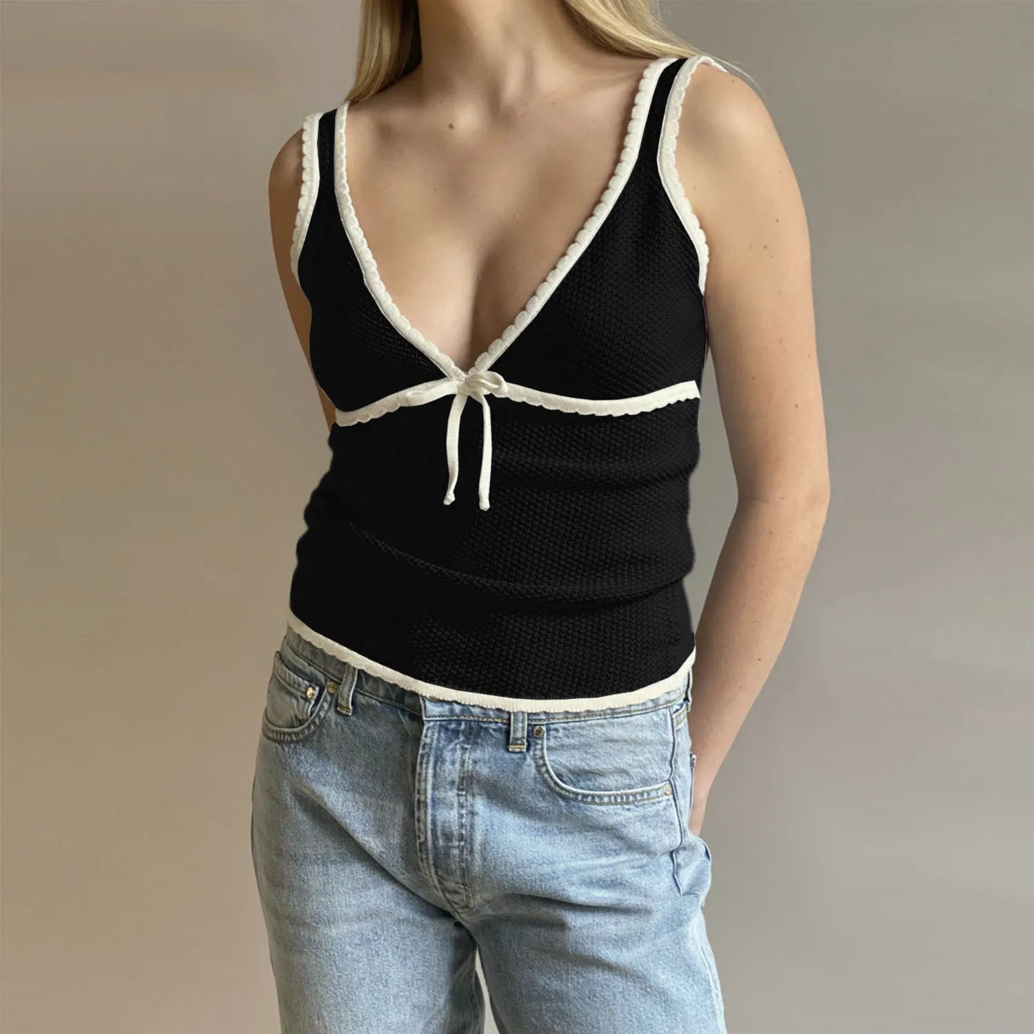 Retro Deep V Neck Crop Top Women Y2k Ruffle Vintage Tank Tops Womens Tie Up Bow Knitted Woman Backless Cute Tops 2024 New voguable