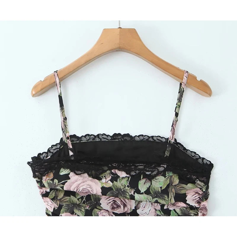 Lace Spliced Rose Flower Print Sling Bodycon Mini Dress Women Vintage Ruched Package Hip Sexy Dresses Summer Robe