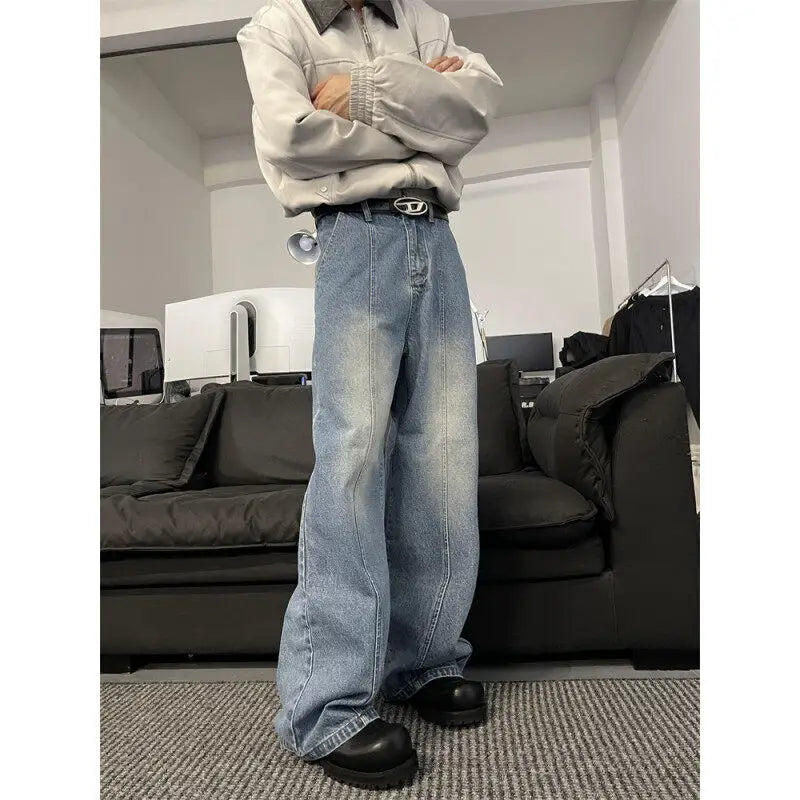 Jeans Men Loose Wide Leg Trousers Unisex low-rise jean Men's Denim Pants Old Blue Washed Male Jeans Straight Patchwork mop pants voguable