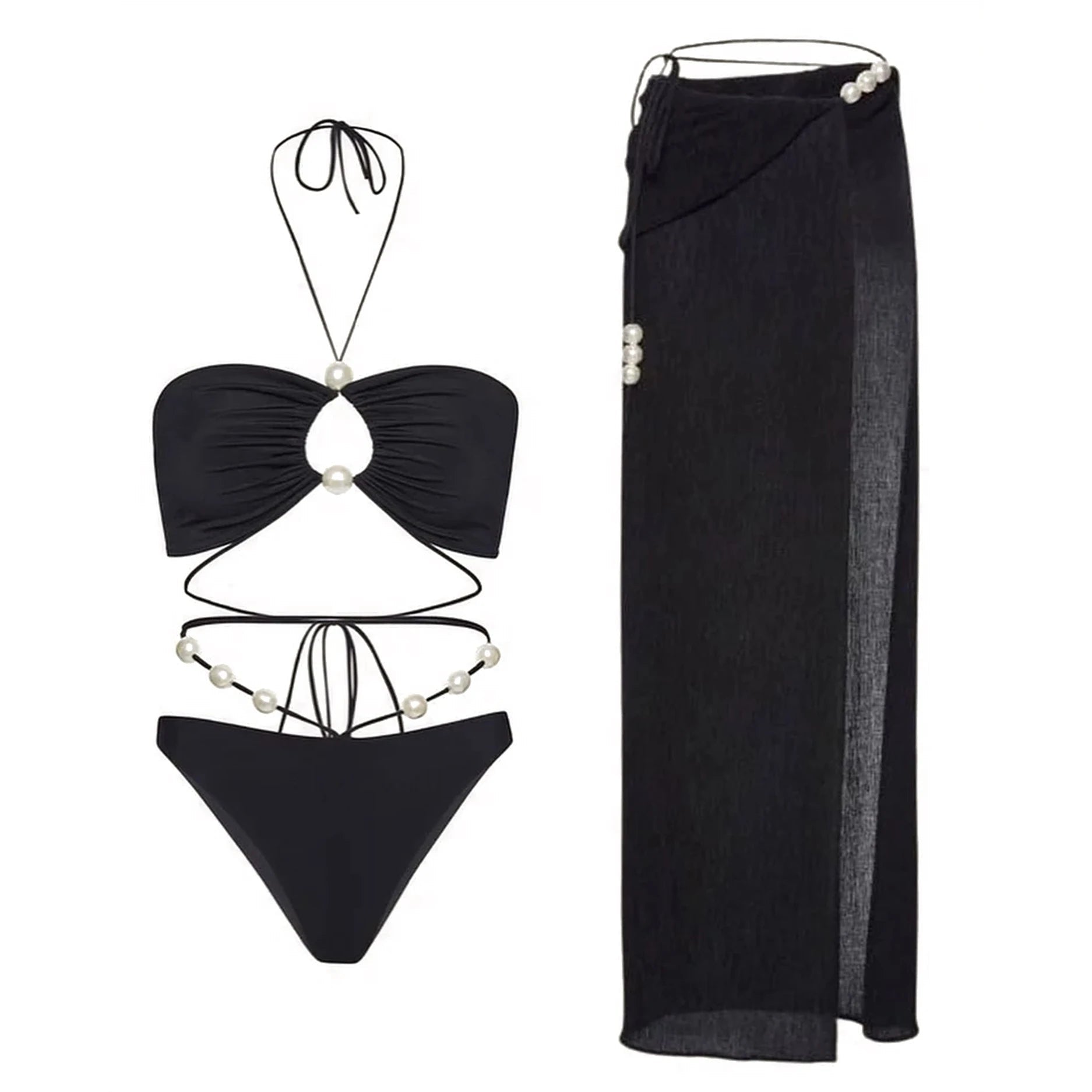 3Pcs Sexy Bikini Set With Cover Up Pearls White Swimsuit Women Halter Swimwear Female Off Shoulder Bathingsuit Biquini Beachwear voguable