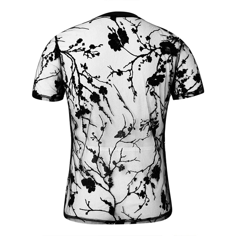 Summer Men's Clothing Mesh Lace Knit T-shirt Streetwear Hollow-Out O Neck Sweater Short Sleeve Tees Rose Printed Luxury Knitwear voguable