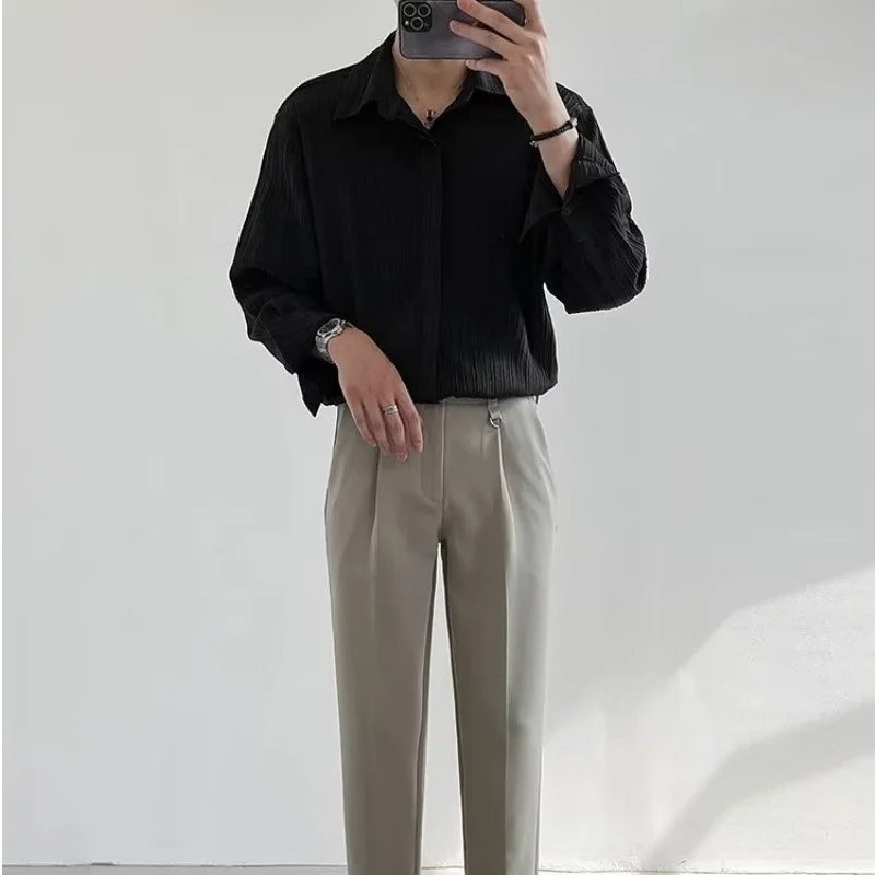Voguable Black Apricot White Long-sleeved Shirt Men Fashion Social Men Dress Shirt Korean Loose Casual Pleated Shirts Men Formal Shirt voguable