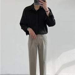 Voguable Black Apricot White Long-sleeved Shirt Men Fashion Social Men Dress Shirt Korean Loose Casual Pleated Shirts Men Formal Shirt voguable