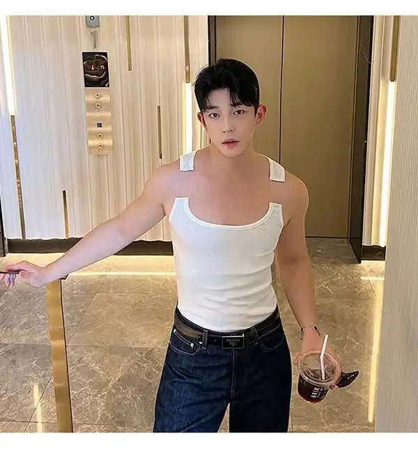 2025 New Fashion Male Vest Patchwork Personality Sleeveless Top Men's Solid Color Slim T-shirt Spring Trendy 9A8204 voguable