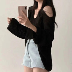 Sexy Off Shoulder Sweater Women V Neck Long Sleeve Thin Knitwear Korean Oversized Loose All Match Casual Female Pullovers New voguable