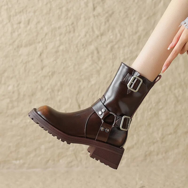 Women Shoes Genuine Leather Ankle Boots Fashion Buckles Design Thick Heels New Winter High-heel Shoes Woman Platform Boots voguable