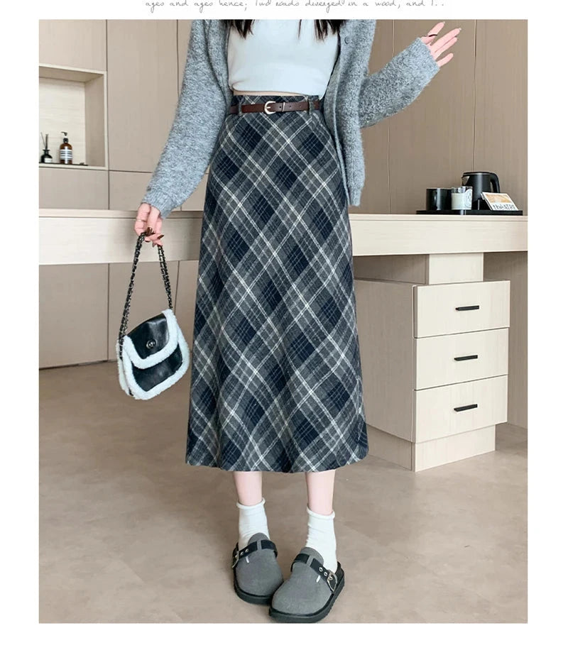 Faux Woolen Plaid Long Skirt Women Vintage Slim High Waist Back Slit Belt Skirts Korean Fall Winter Elegant Long Skirts New voguable