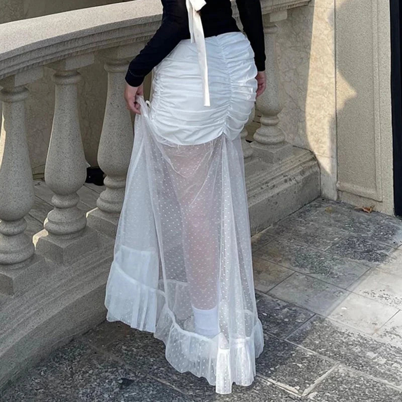 Voguable Sexy Pleated Drawstring  See Through Mesh Patchwork Long Skirt White Fairycore Aesthetic Ruffle-line Maxi Skirts Korean voguable