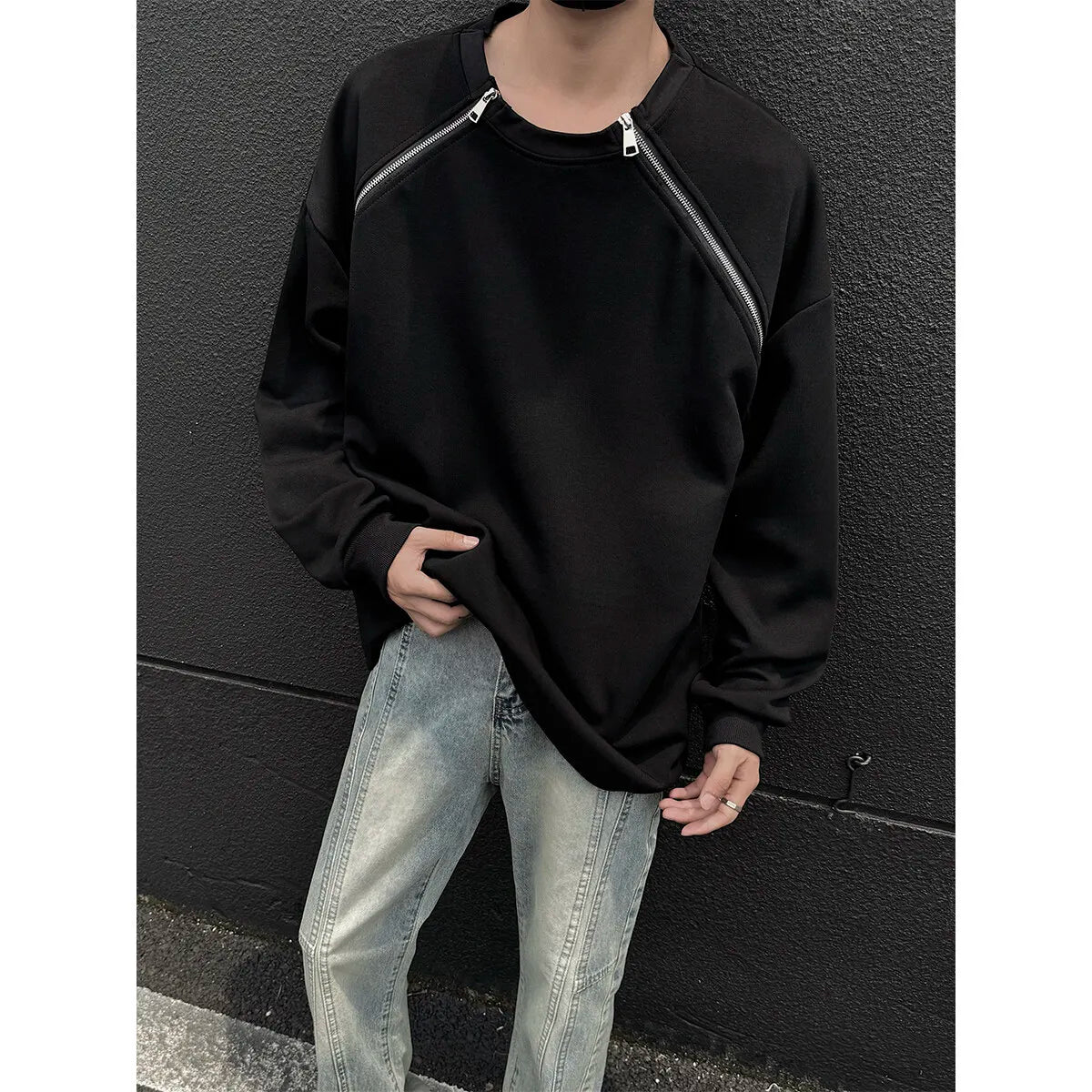 2025 Spring Men Sweatshirts Metal Zipper Solid Color Casual O Neck Fashion Oversize Streetwear Hip Hop Male White/Black voguable
