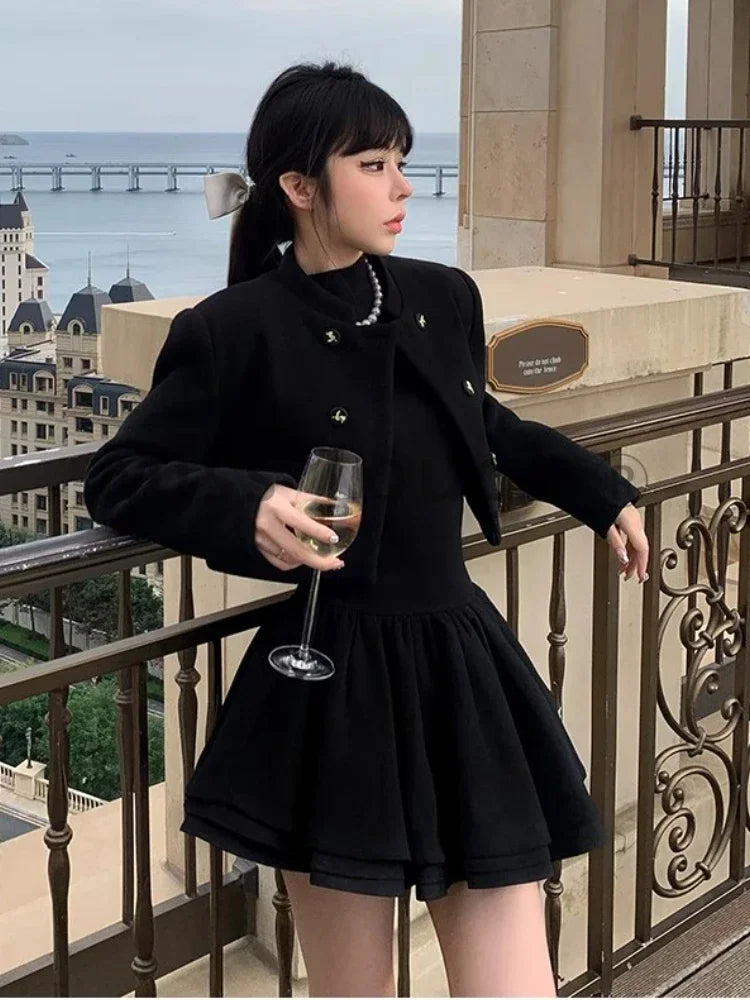 Winter Hepburn Party Mini Dress Women Patchwork Black Slim Vintage Mini Dress Female Korean Fashion Elegant One Piece Dress 2023 voguable